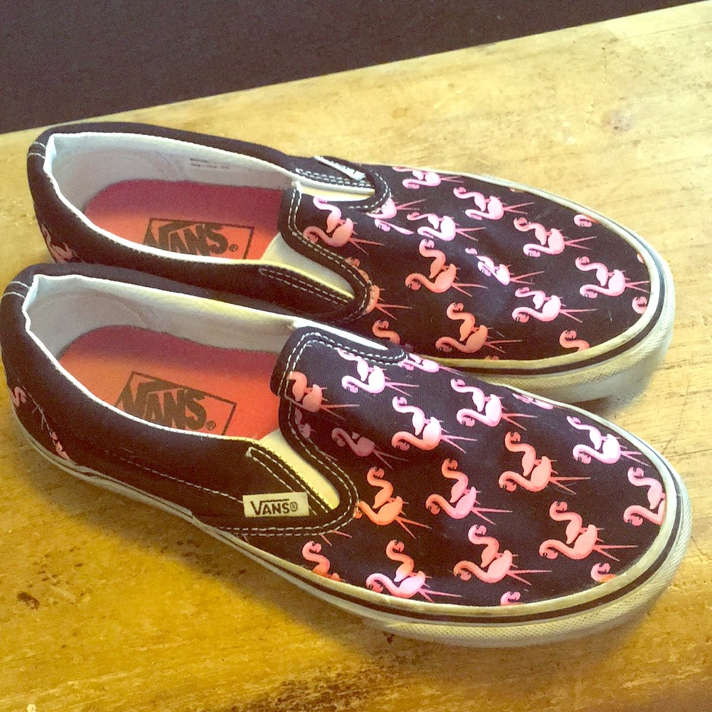 Black vans with flamingos